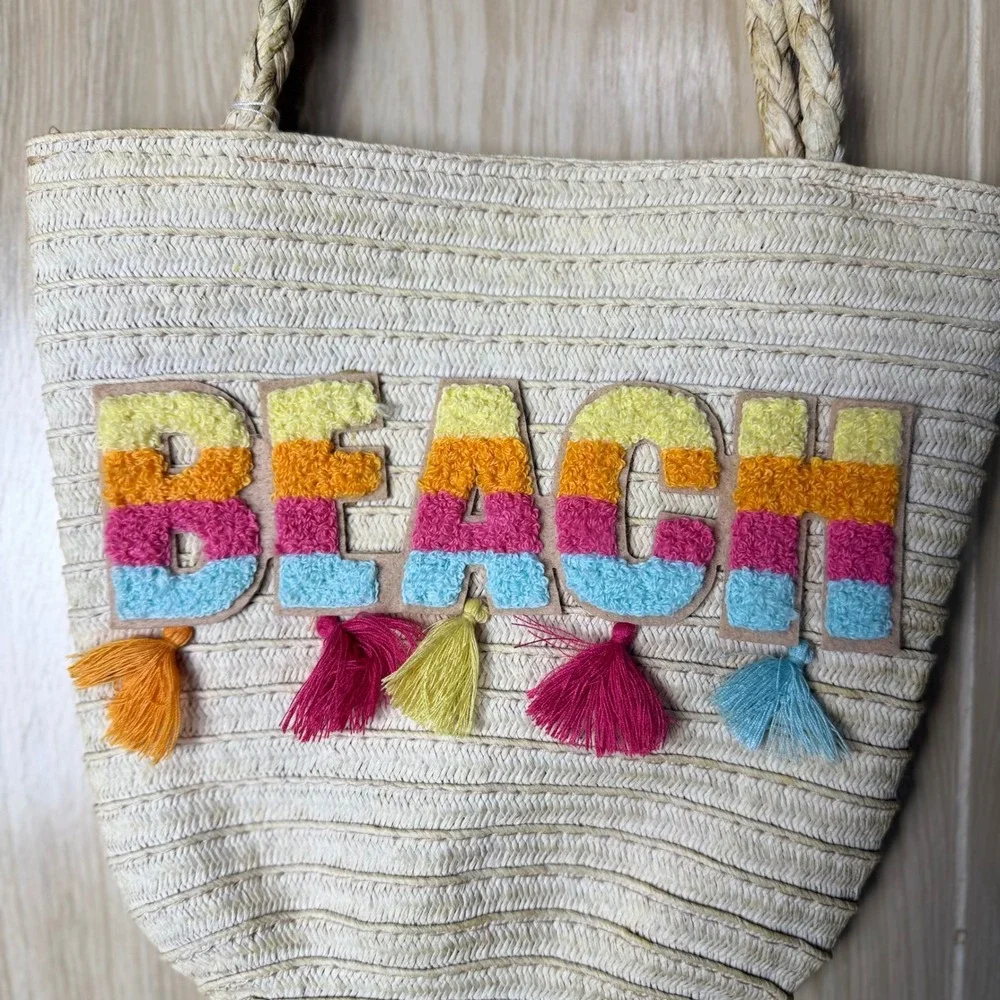 Kids Beach Straw Tote Bag Rainbow Chenille Patch Tassels Woven Summer Bag